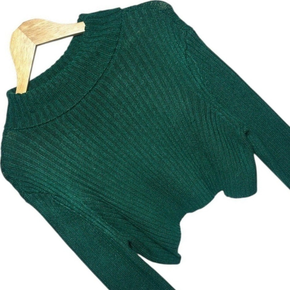 Skylar + Madison Green Ribbed Knit Cropped Collared‎ Sweater Top Size L